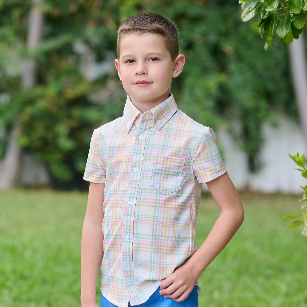 Sugar Bee Clothing - Boys Spring Short Sleeve Button Down - Henry Easter Plaid