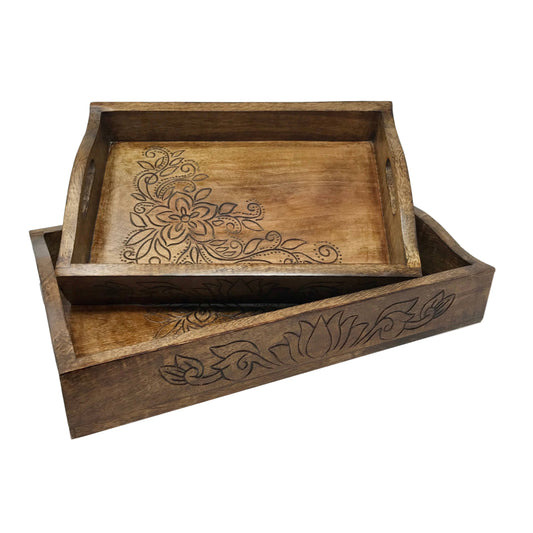 Wilco Home - Set of 2 Holiday Bouquet Hand-Carved Wood Serving Trays