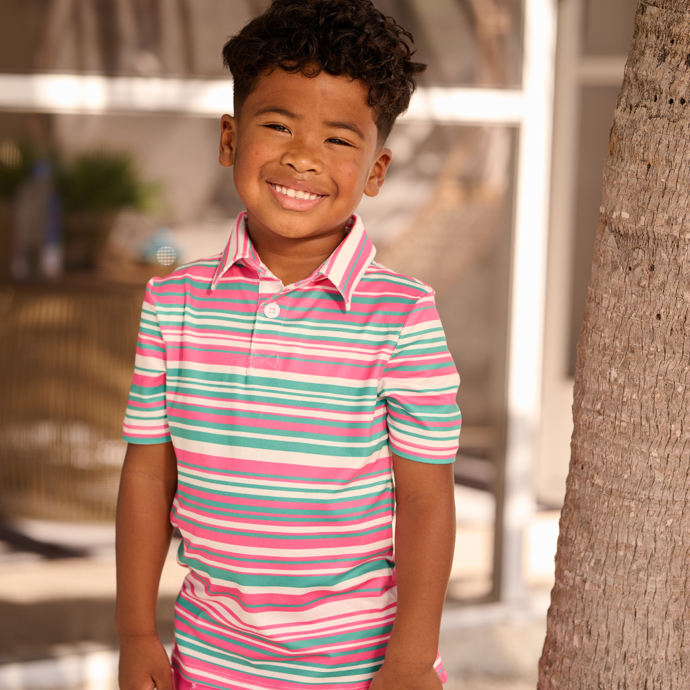 Sugar Bee Clothing - Boys Summer Shirt - Davis Pocket Polo - Palm Spring Stripe