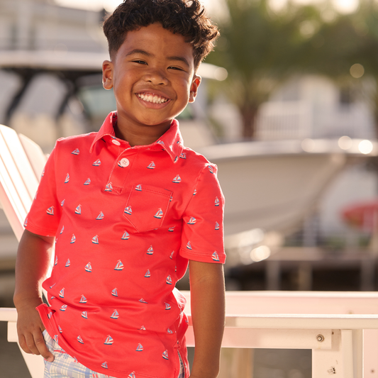 Sugar Bee Clothing - Boys Summer Shirt - Davis Pocket Polo - Sailboats