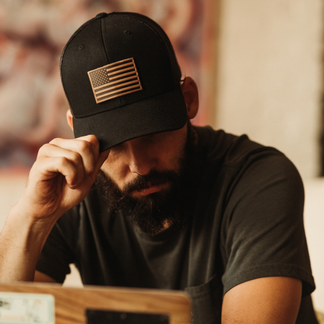 Range Leather Co. - American Flag Hat - Leather Patch Trucker Snapback