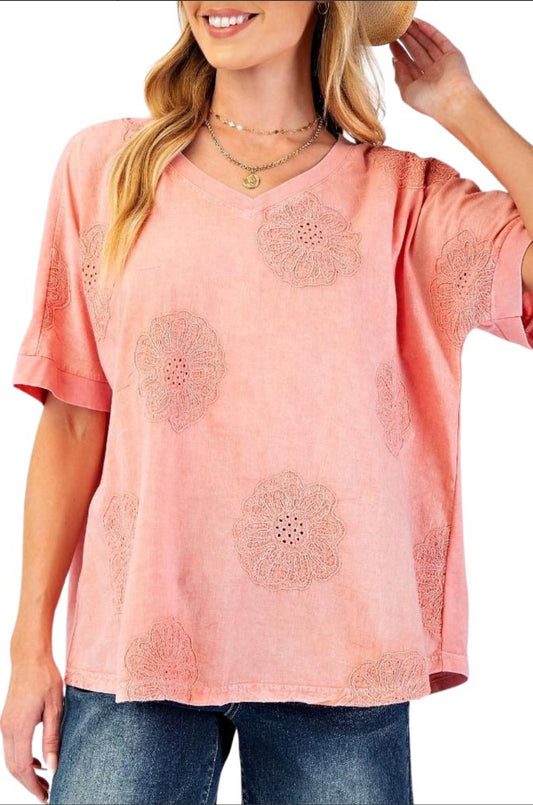Easel Flower Embroidered Eyelet Washed Top
