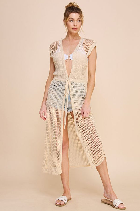 Allie Rose Open Weave Knit Sleeveless Tie Cardi