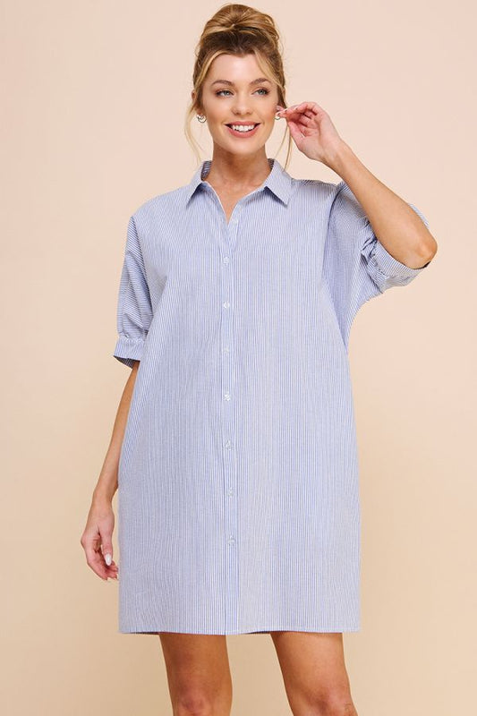 Allie Rose Striped Cotton Blend Breezy Shirt Dress With Pockets