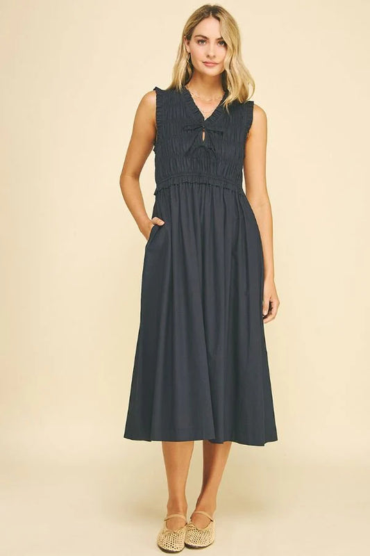 Pinch Front Tie Smocking Midi Dress