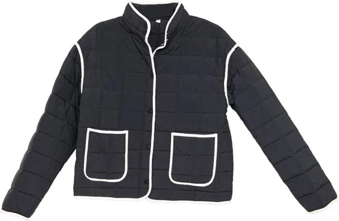 Katydid Black Quilted Jacket with White Piping