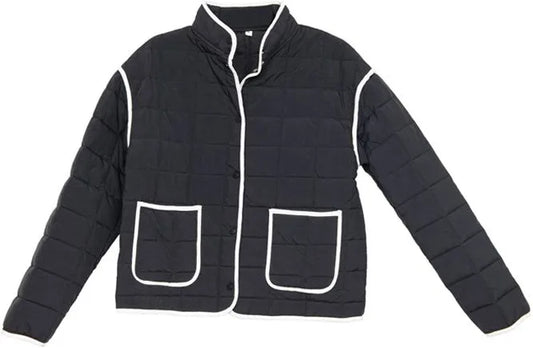 Katydid Black Quilted Jacket with White Piping