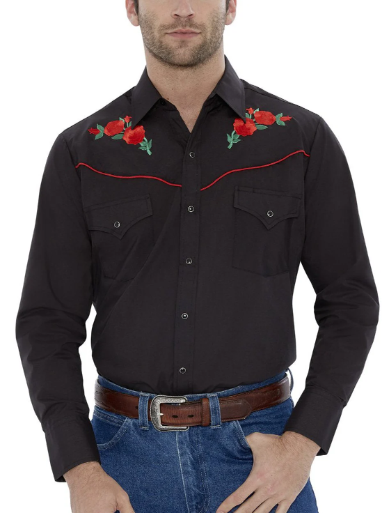 Ely Cattleman Red Rose Embroidery Snap Button Shirt