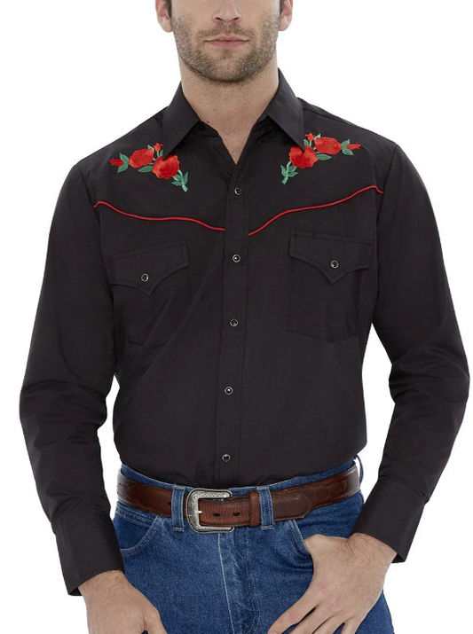 Ely Cattleman Red Rose Embroidery Snap Button Shirt