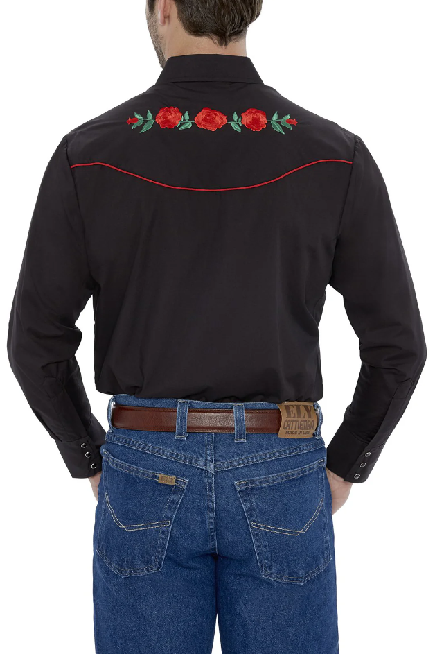 Ely Cattleman Red Rose Embroidery Snap Button Shirt