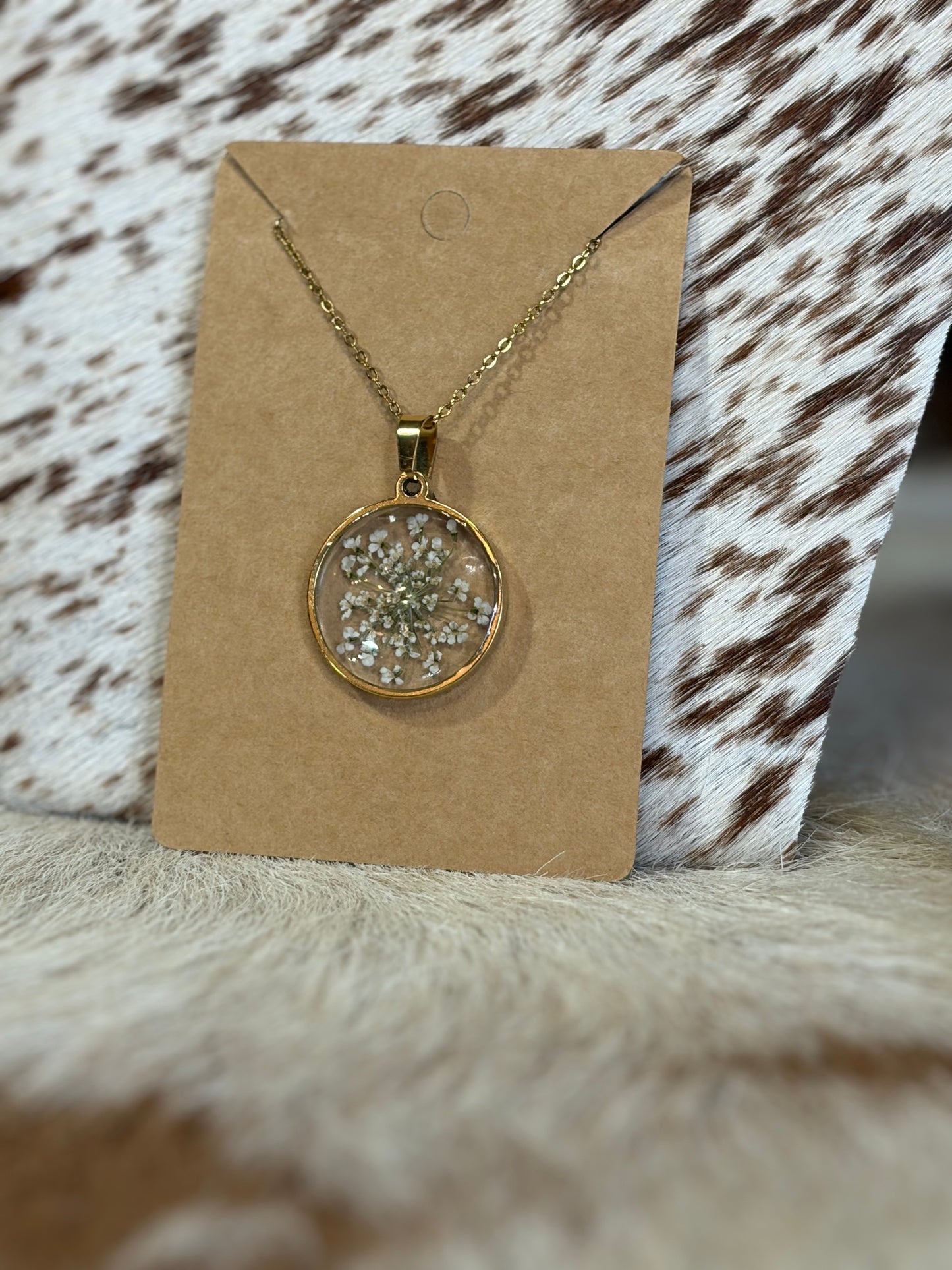 Gold Stainless Resin Pressed Flower Necklace