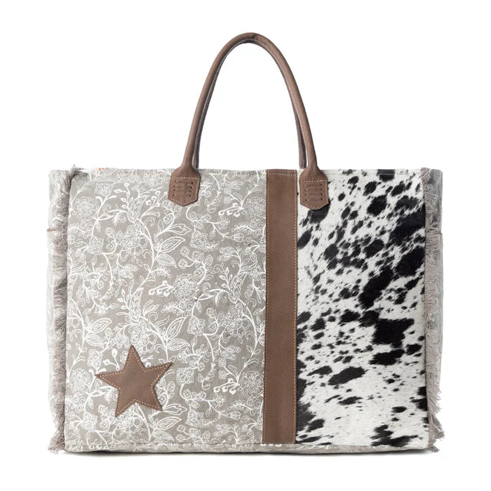 Myra Wildstar Pony Western Weekender Bag for Women in white with hairon detail