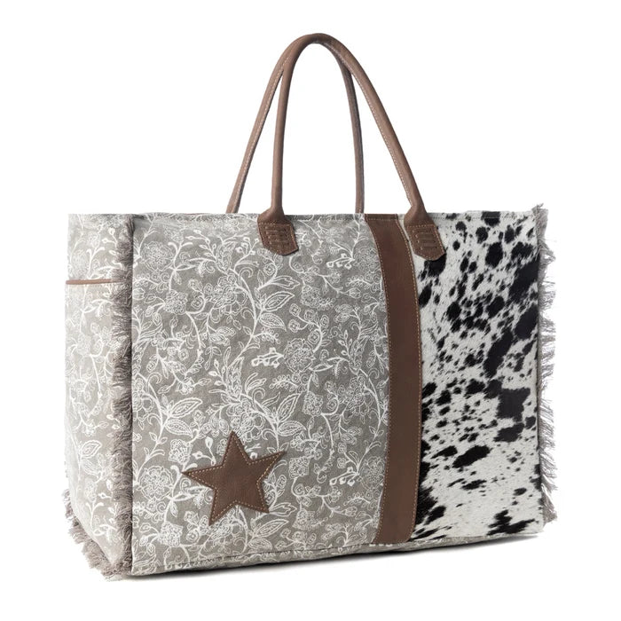 Myra Wildstar Pony Western Weekender Bag for Women in white with hairon detail