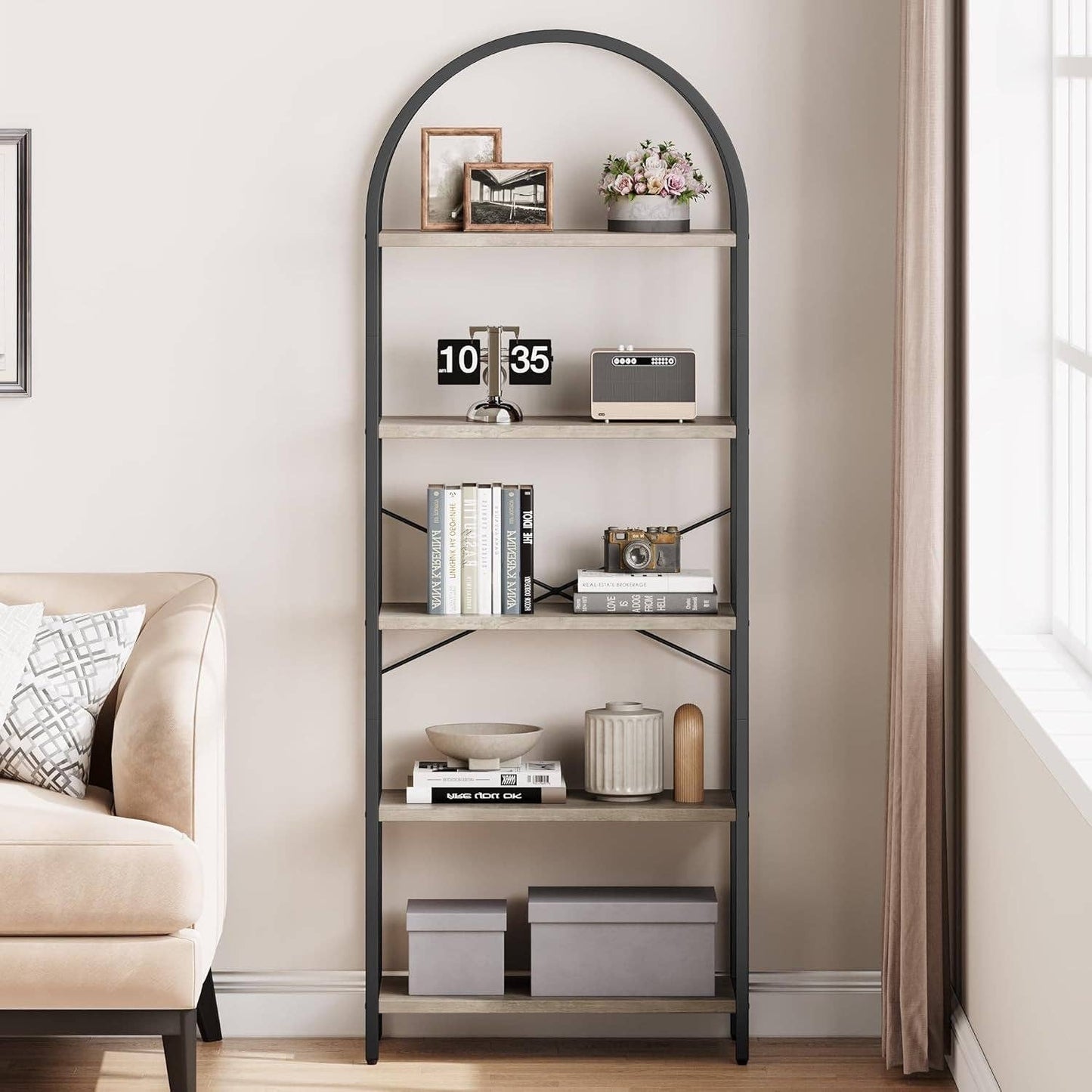 ShipItFurniture - Bookshelf 5 Tier Bookcase Arched Display Racks Tall Standing Bookshelves Metal Frame Modern Storage Rack Shelf Large Wood Book Shelf for Bedroom, Living Room, Home Office