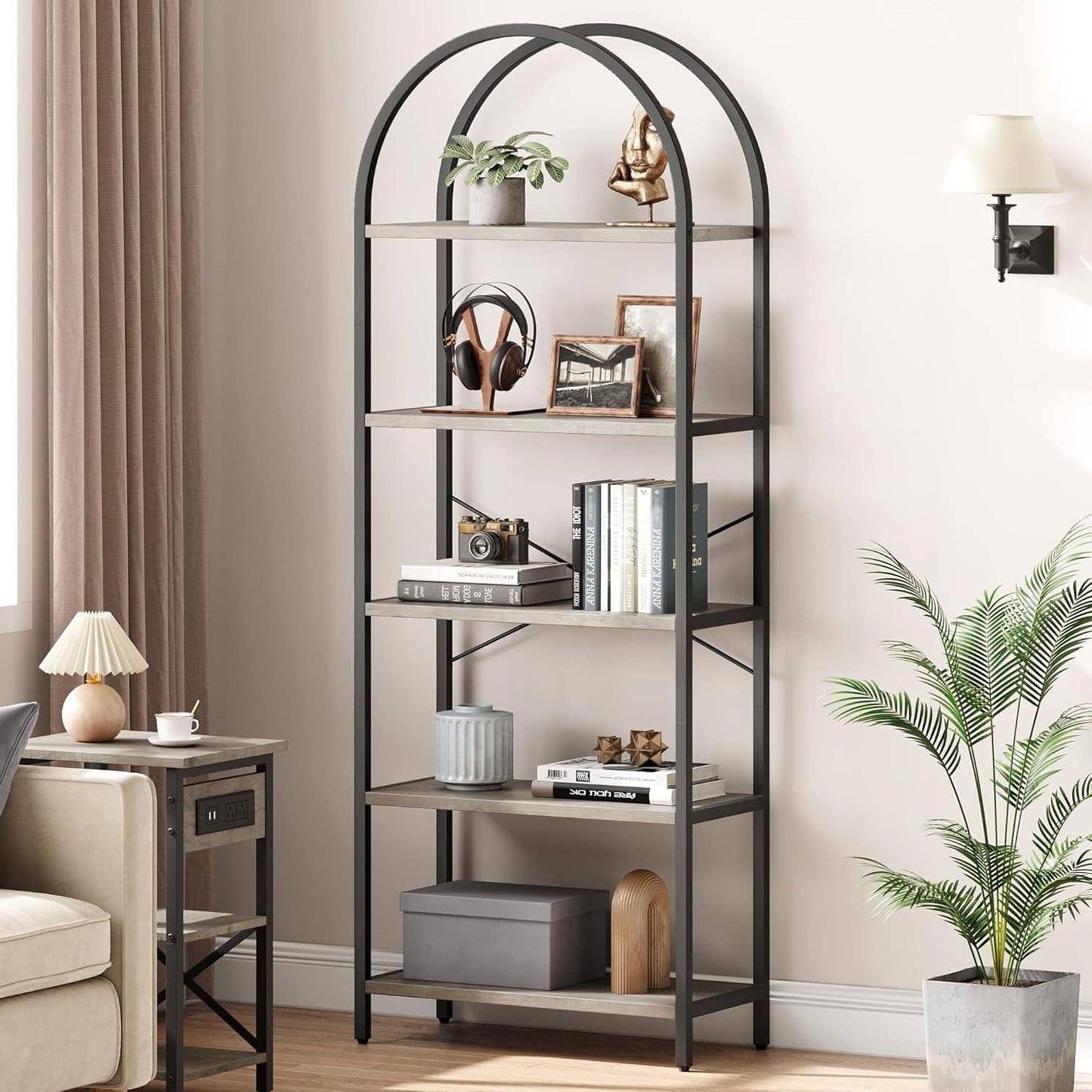 ShipItFurniture - Bookshelf 5 Tier Bookcase Arched Display Racks Tall Standing Bookshelves Metal Frame Modern Storage Rack Shelf Large Wood Book Shelf for Bedroom, Living Room, Home Office