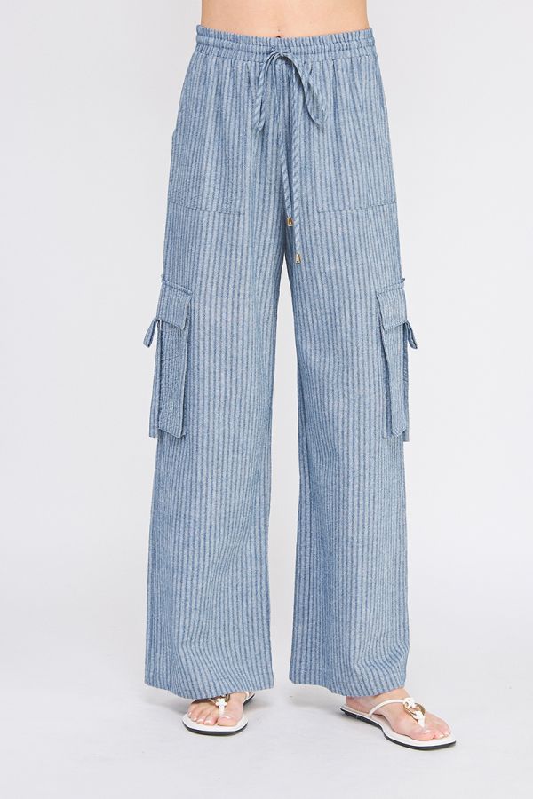 Allie Rose Striped Elastic Wide Leg Cargo Pants
