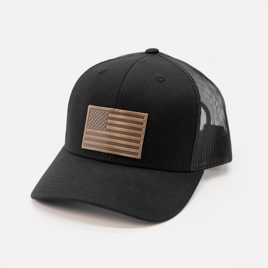 Range Leather Co. - American Flag Hat - Leather Patch Trucker Snapback
