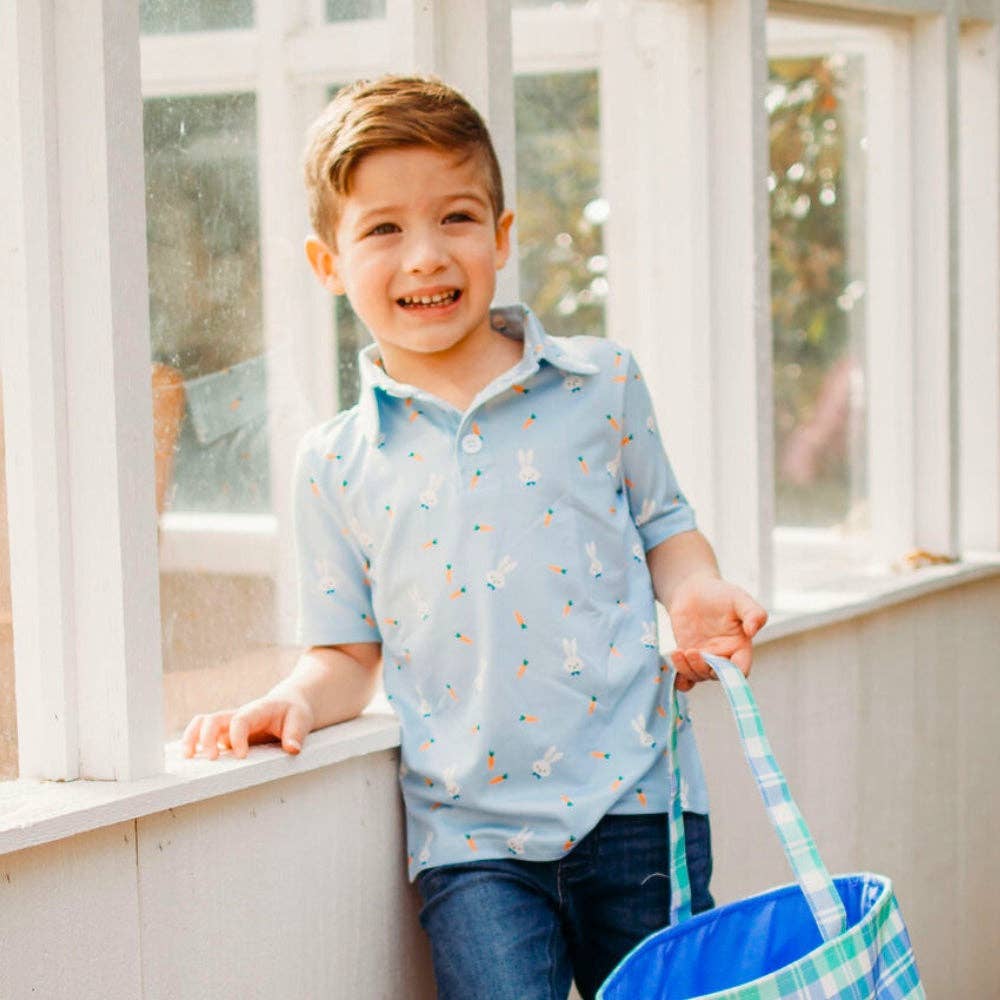 Sugar Bee Clothing - Kids Boys Easter Polo - Easter Blue Carrots
