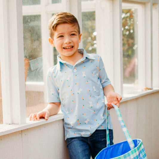 Sugar Bee Clothing - Kids Boys Easter Polo - Easter Blue Carrots