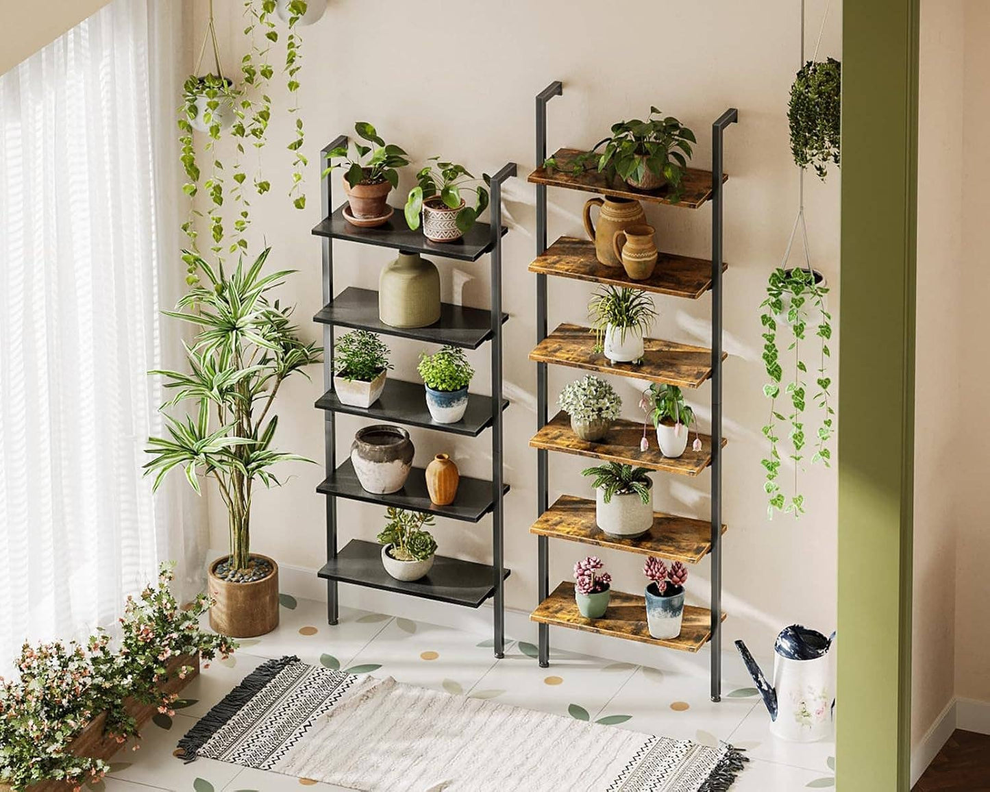ShipItFurniture - 6-Tier Ladder Shelf, 87 Inches Wall Mounted Ladder Bookshelf with Metal Frame, Open Industrial Shelves for Home Office, Bedroom and Living Room, Rustic Brown