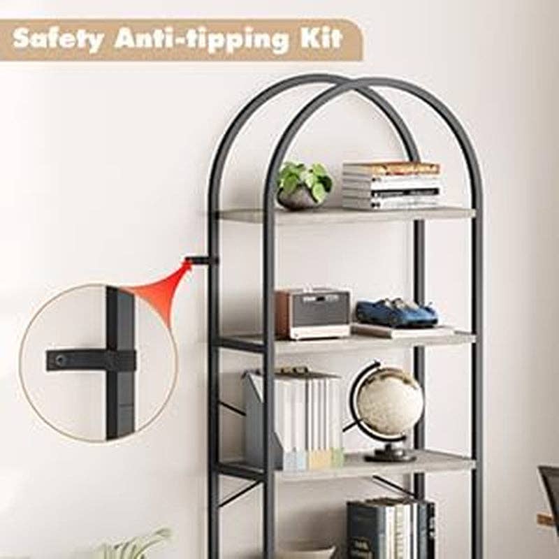 ShipItFurniture - Bookshelf 5 Tier Bookcase Arched Display Racks Tall Standing Bookshelves Metal Frame Modern Storage Rack Shelf Large Wood Book Shelf for Bedroom, Living Room, Home Office