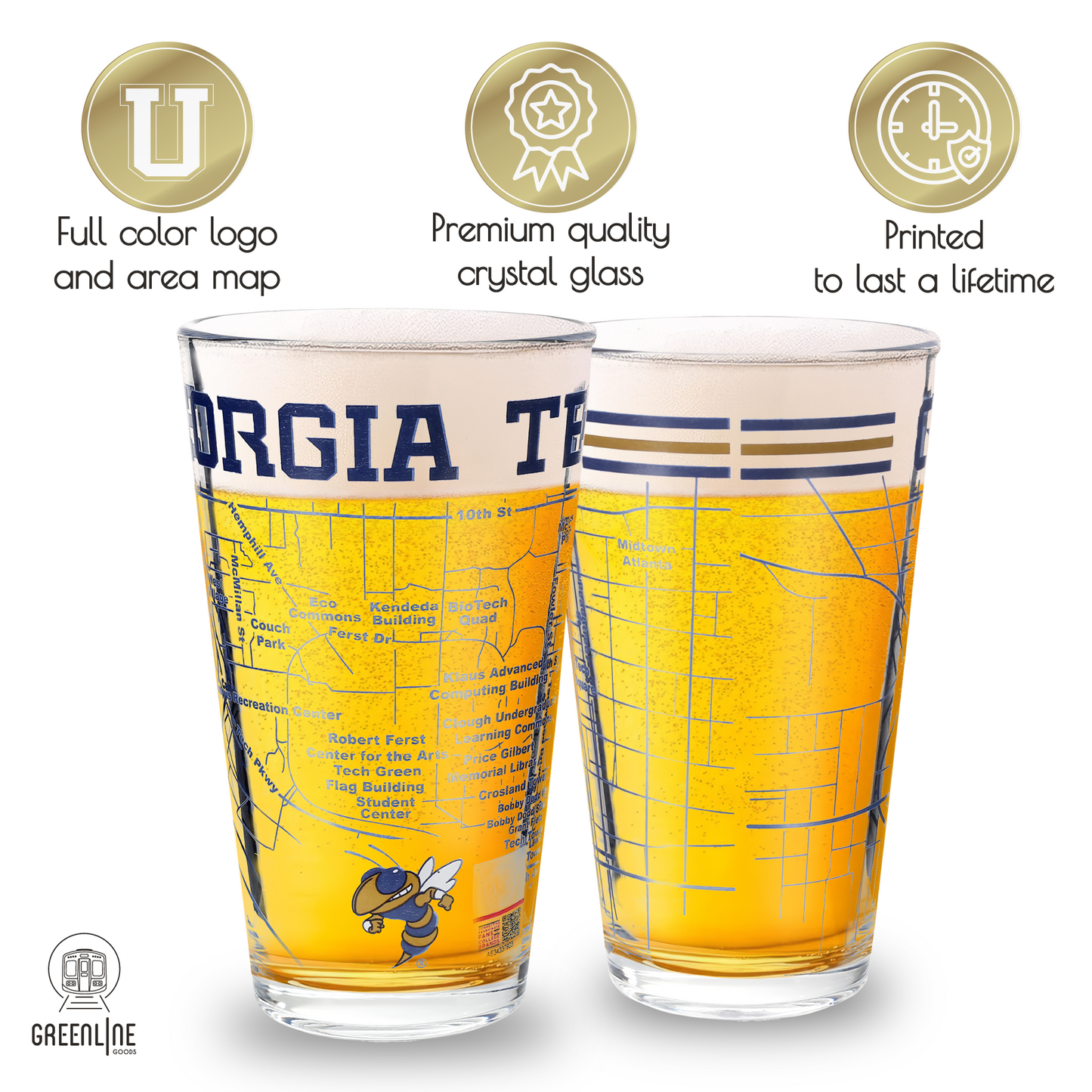 Greenline Goods - Georgia Tech Pint Glasses - Georgia Tech Buzz Logo & Campus Map Georgia Institute of Technology College Grads and Alumni (Set of 2)