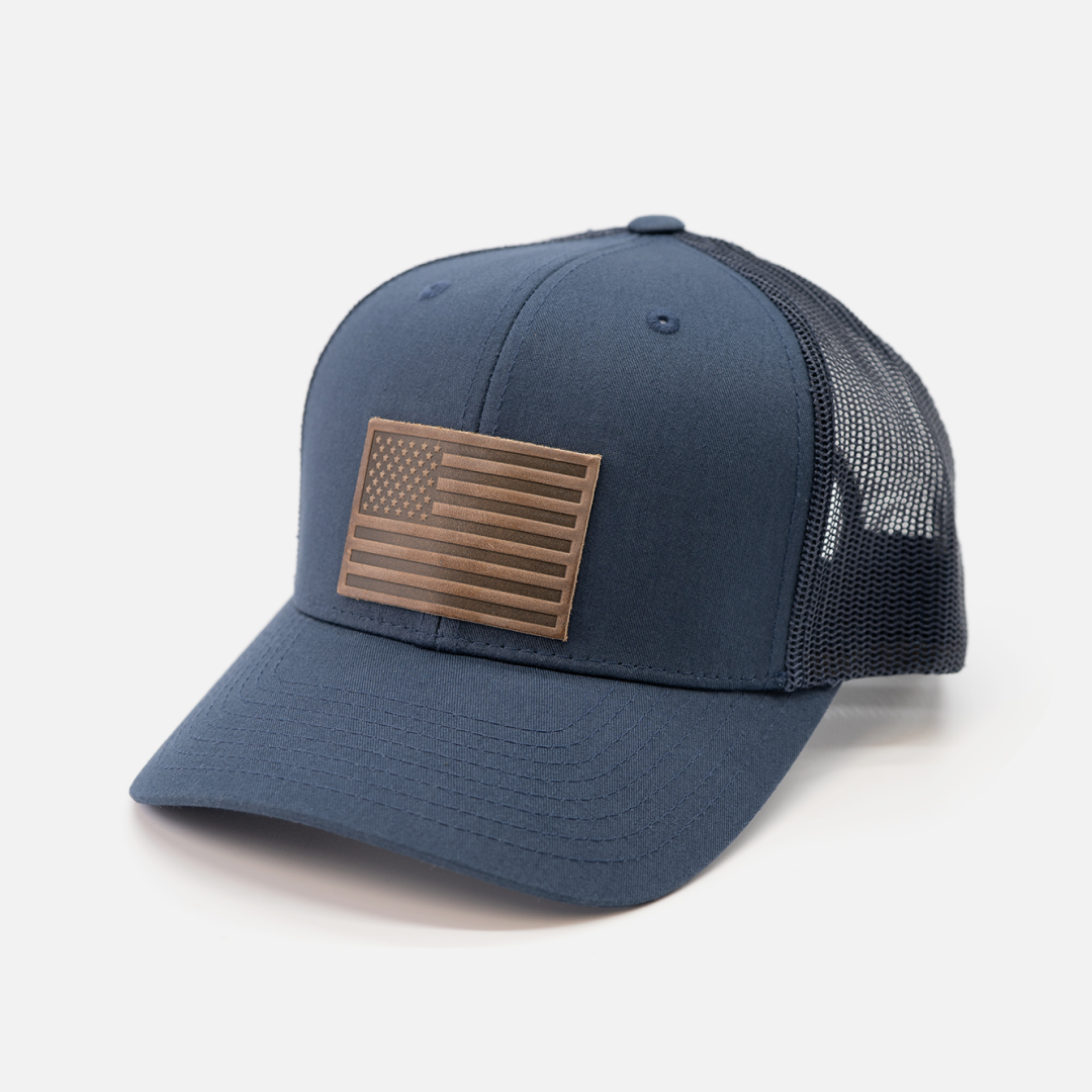 Range Leather Co. - American Flag Hat - Leather Patch Trucker Snapback