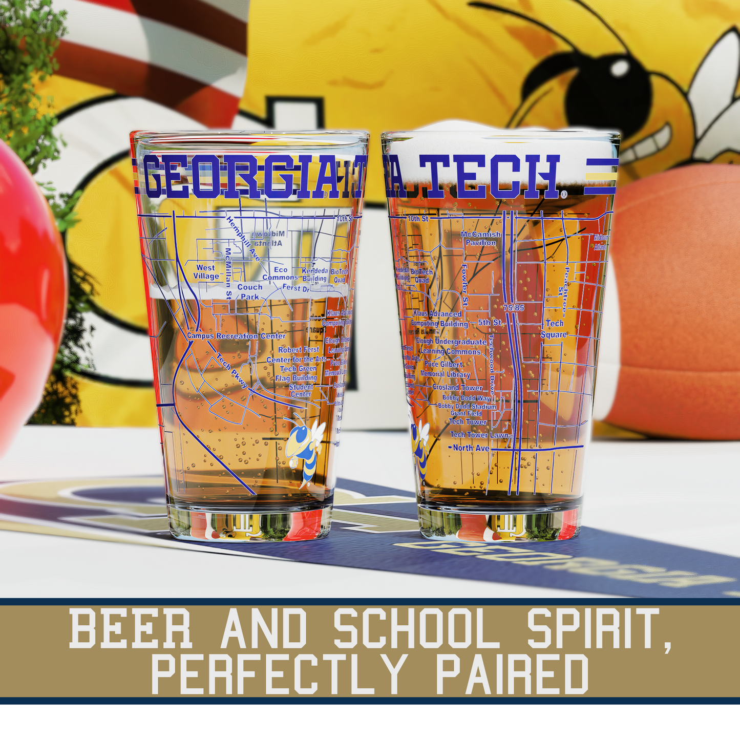 Greenline Goods - Georgia Tech Pint Glasses - Georgia Tech Buzz Logo & Campus Map Georgia Institute of Technology College Grads and Alumni (Set of 2)