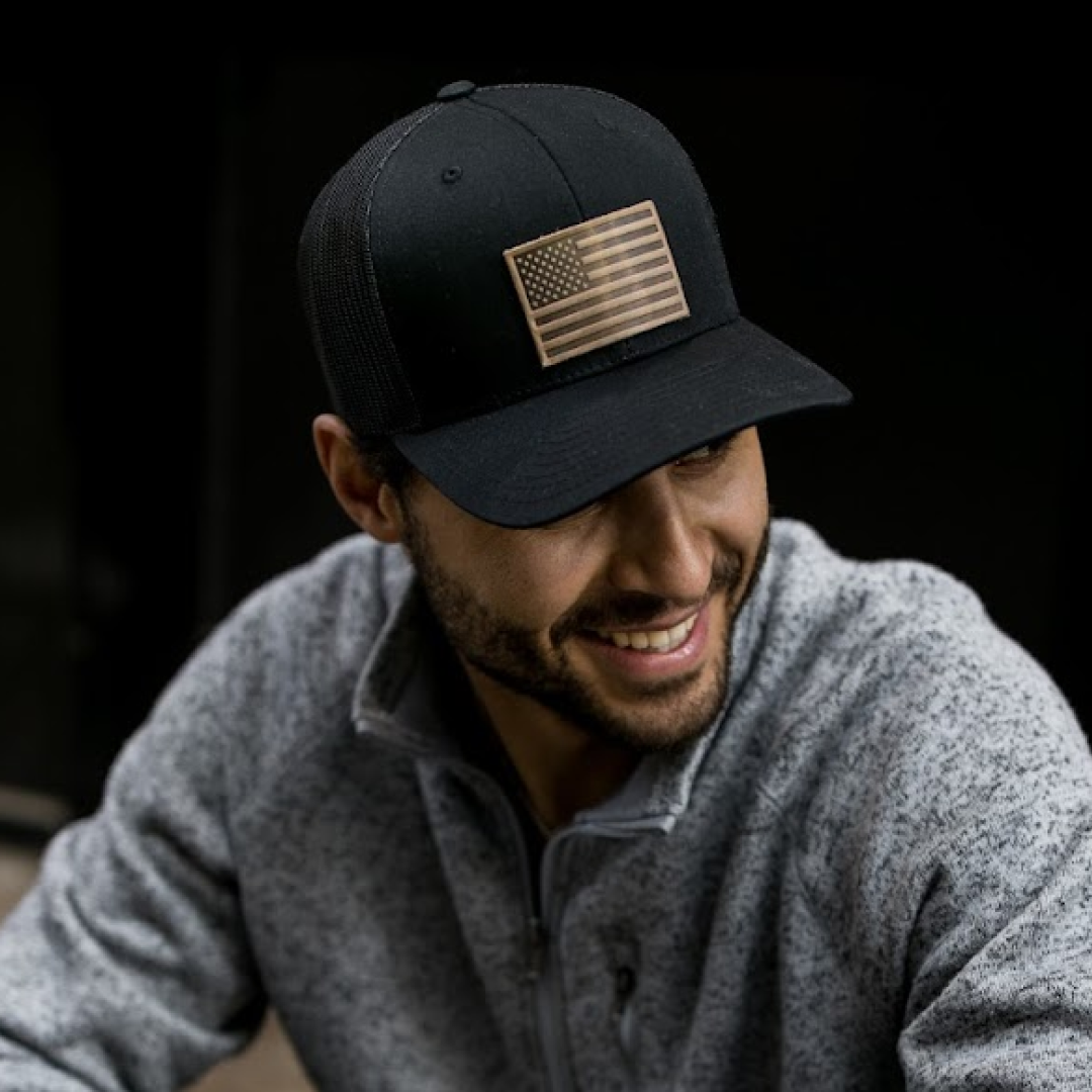 Range Leather Co. - American Flag Hat - Leather Patch Trucker Snapback
