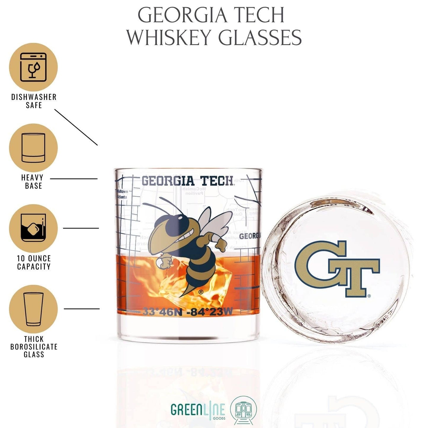 Greenline Goods - Georgia Tech Whiskey Glass Set (2 Low Ball Glasses)