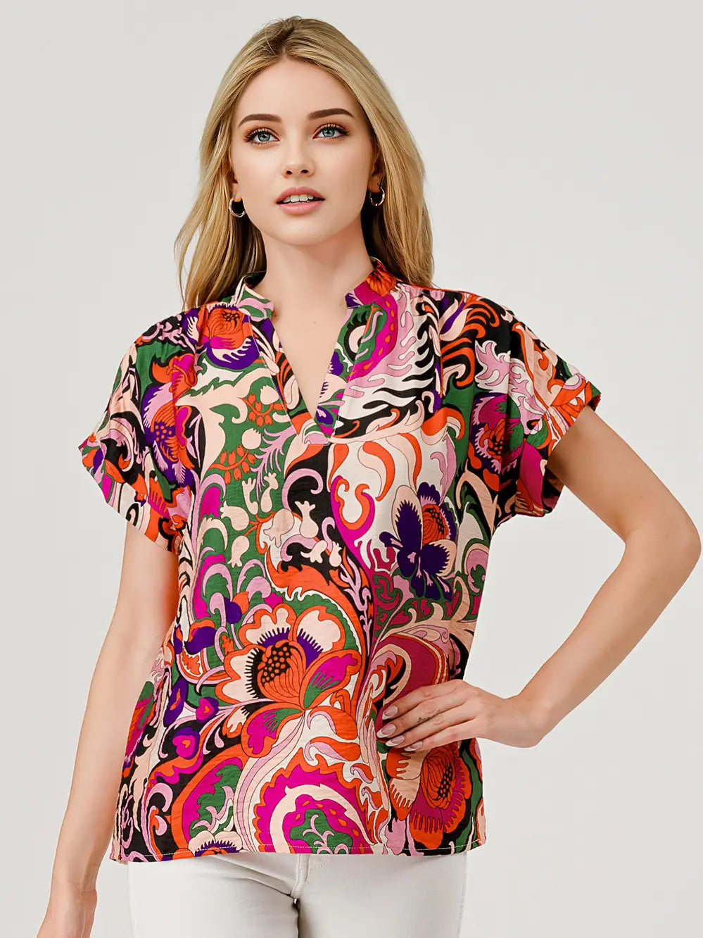 Pixi + Ivy Tori Short Sleeve V Neck Top Floral Paisley