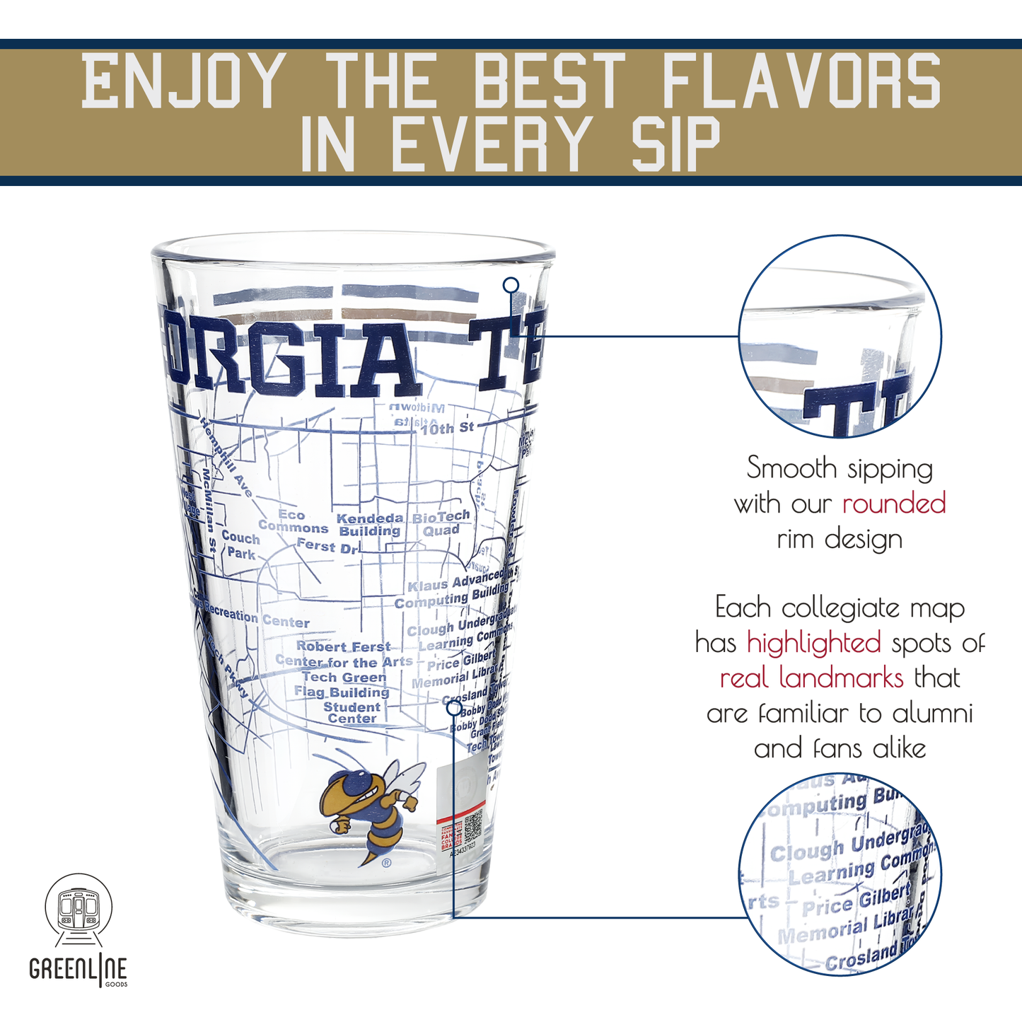 Greenline Goods - Georgia Tech Pint Glasses - Georgia Tech Buzz Logo & Campus Map Georgia Institute of Technology College Grads and Alumni (Set of 2)