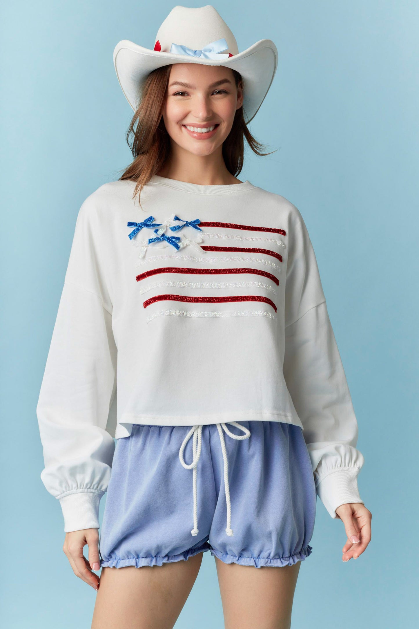 Peach Love Crew Neck Flag Sparkle Trim Crop Sweatshirt