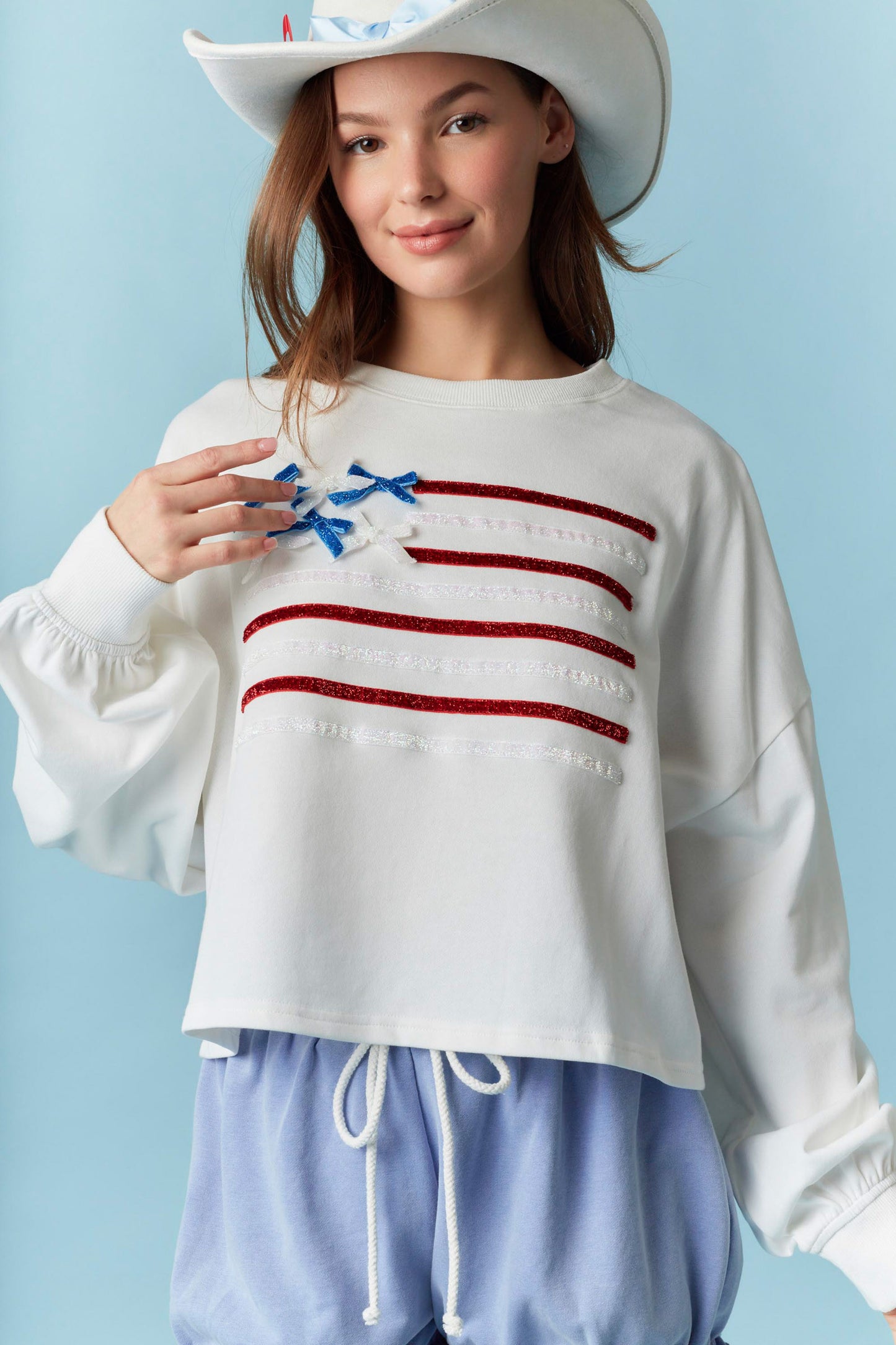 Peach Love Crew Neck Flag Sparkle Trim Crop Sweatshirt